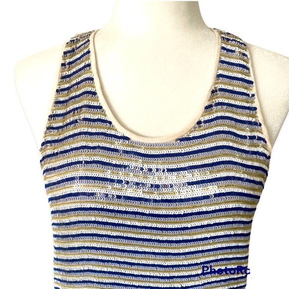 Sequined Striped Long Tank w/Silk Cream Piping Size Large by Theory - Picture 9 of 11